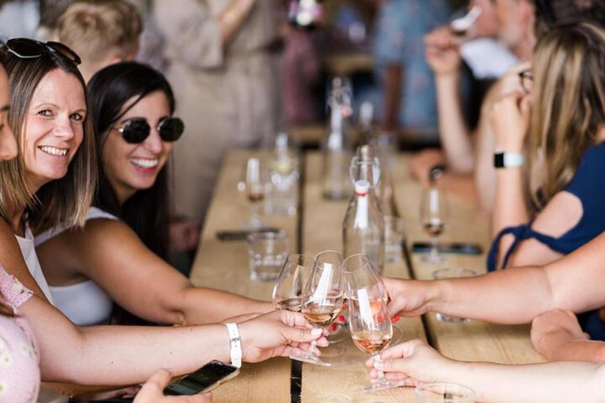 un gruppo di donne sedute a un tavolo con bicchieri di vino