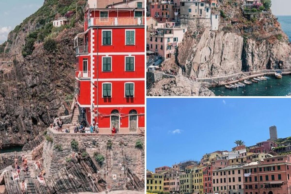 un collage di immagini con un edificio rosso su una montagna