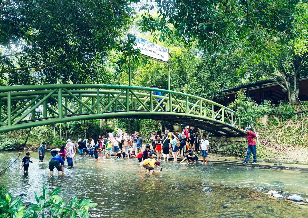 a group of people playing in the water under a bridge