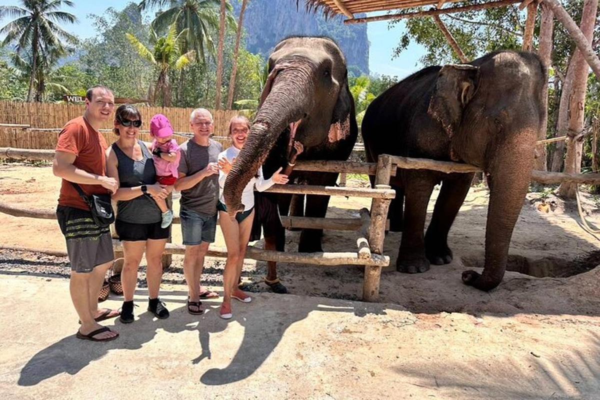 a group of people standing next to an elephant
