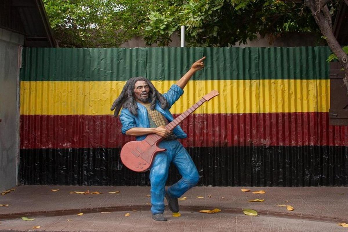 a man holding a guitar in front of a fence