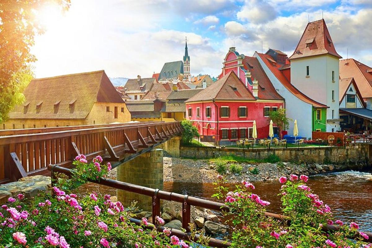 město s řekou, budovami a květinami