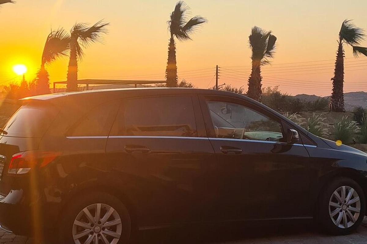 um carro estacionado em um estacionamento com palmeiras