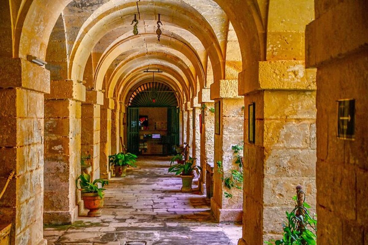 an alleyway with arches and potted plants in a building