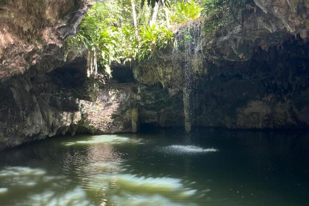 una pozza d'acqua di fronte a una grotta