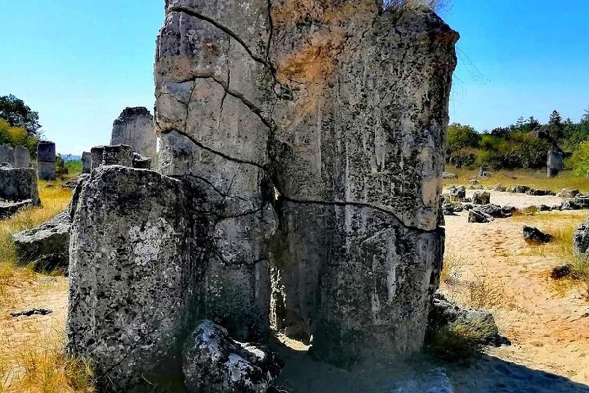 a large rock formation in the middle of a field