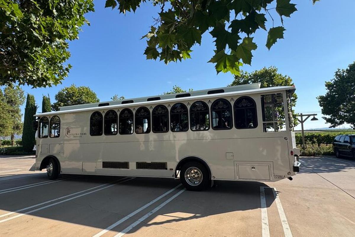 a white bus parked in a parking lot