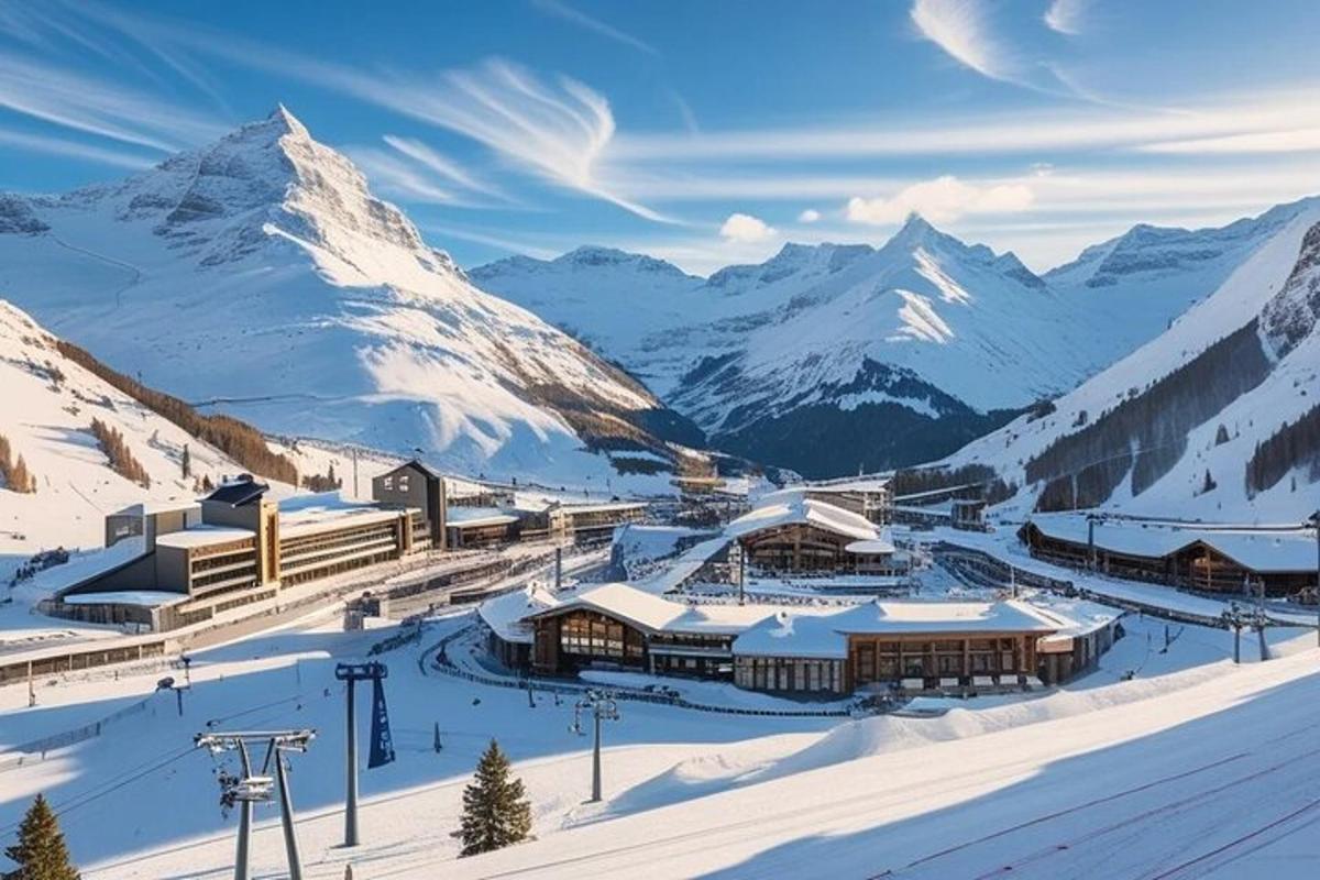 a ski resort with snow covered mountains in the background