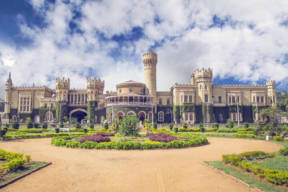a large building with a garden in front of it