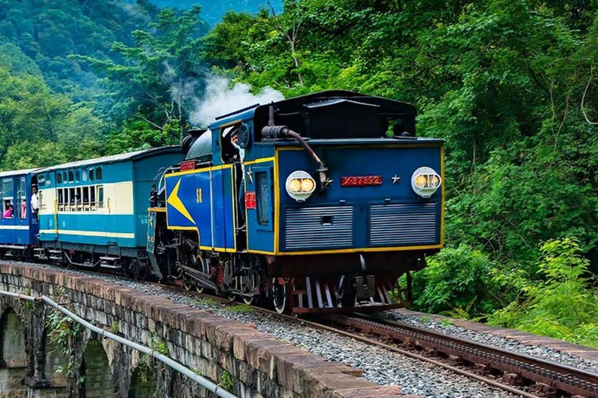 a blue and yellow train traveling down the tracks