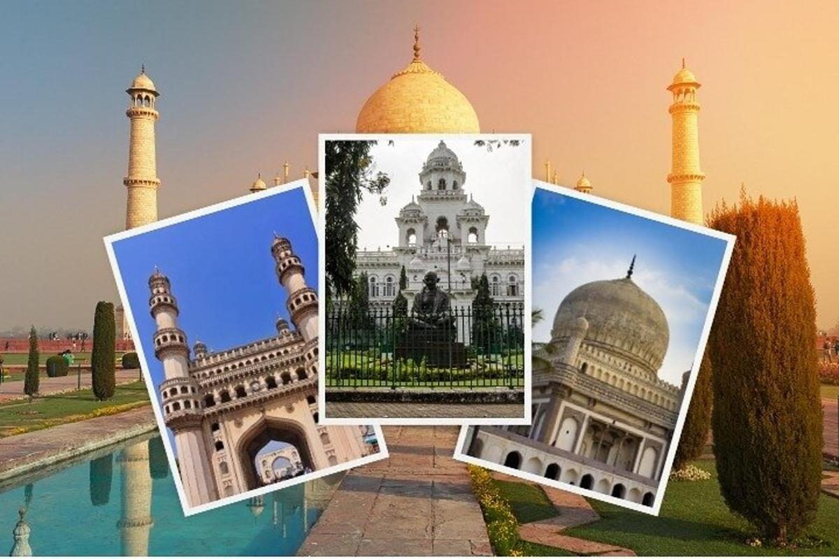 three photographs of a building and a mosque