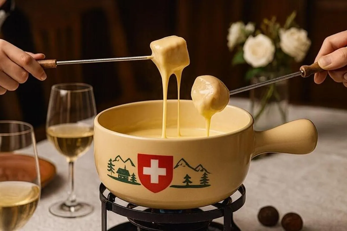 Dîner traditionnel suisse: Fondue au fromage, entrées et dessert – photo 18
