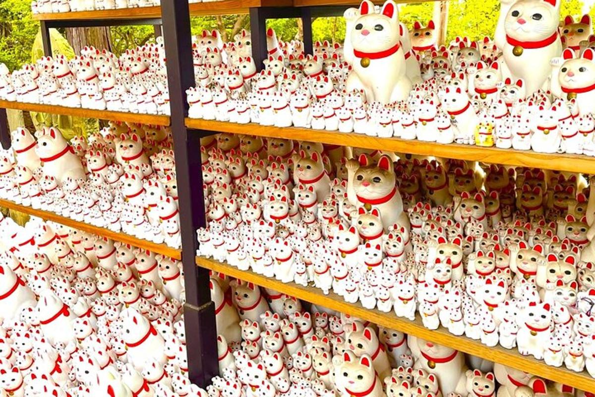 o grămadă de figurine de pisici din ceramică albă pe rafturi