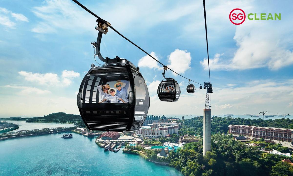 a gondola with two dogs on it flying over the water