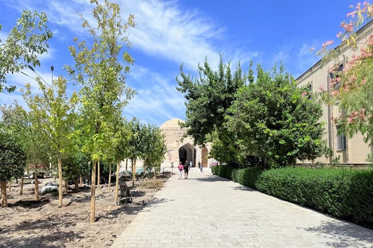 a walkway in front of a building with trees