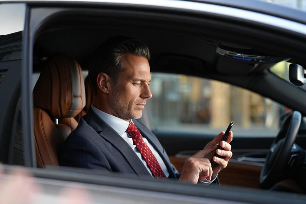 a man sitting in a car looking at his cell phone