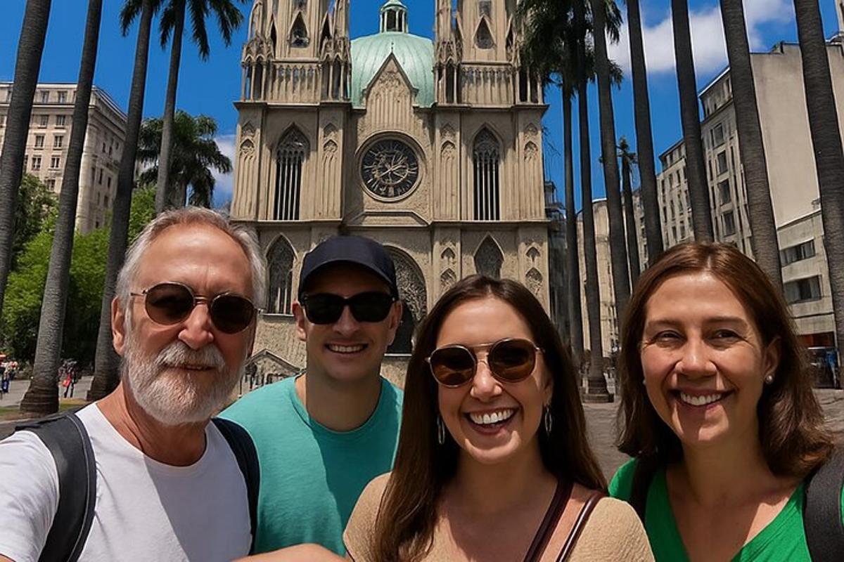 a group of people standing in front of a church