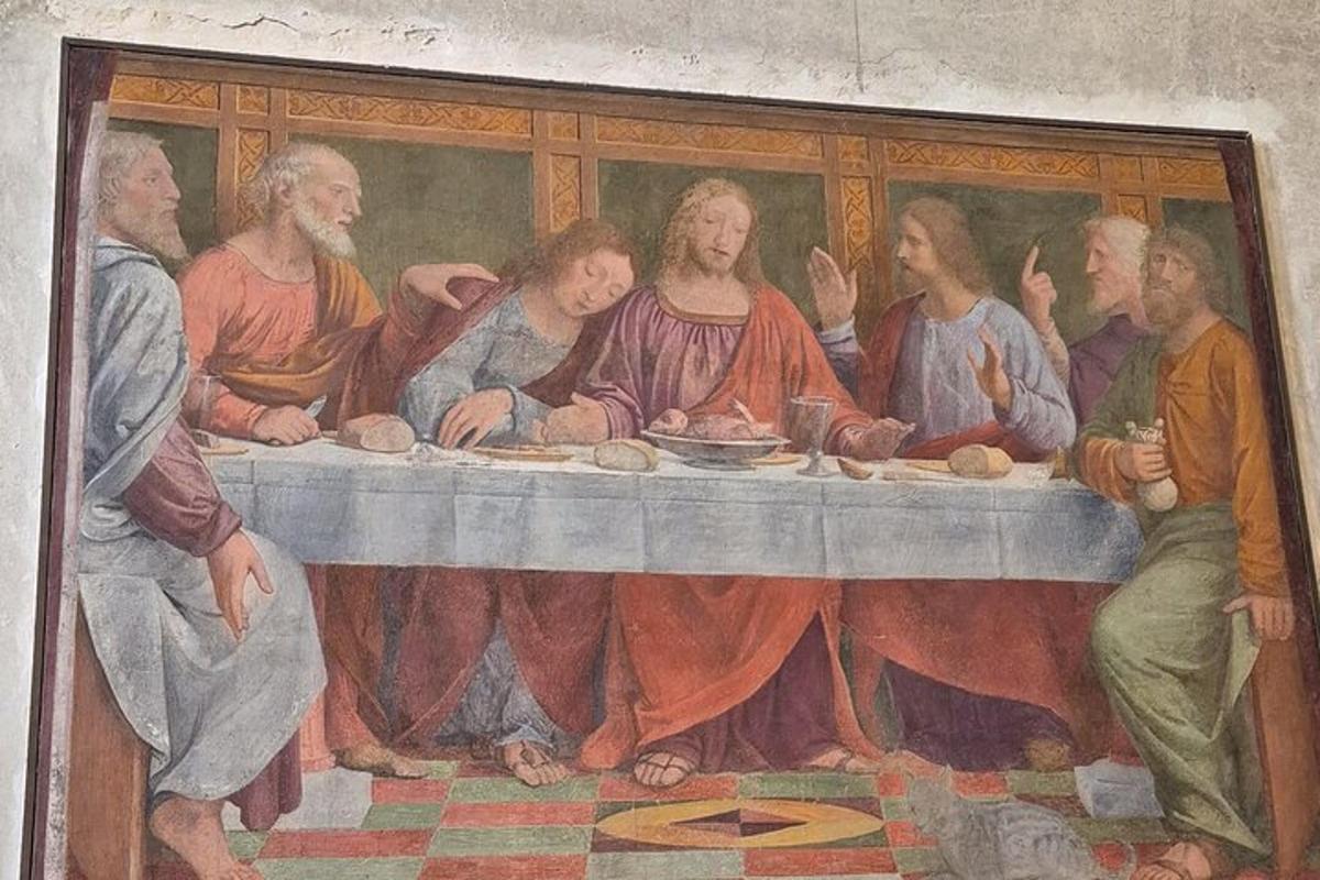 a painting of a group of people standing around a table