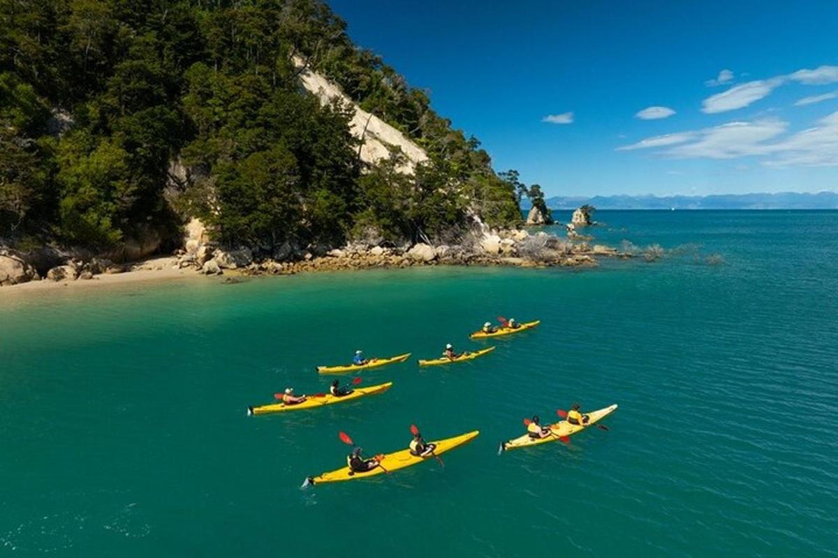 a group of people in yellow kayaks in the water