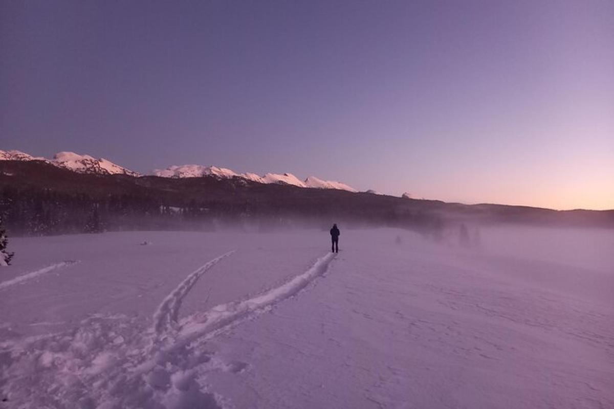 a person is walking across a snow covered field