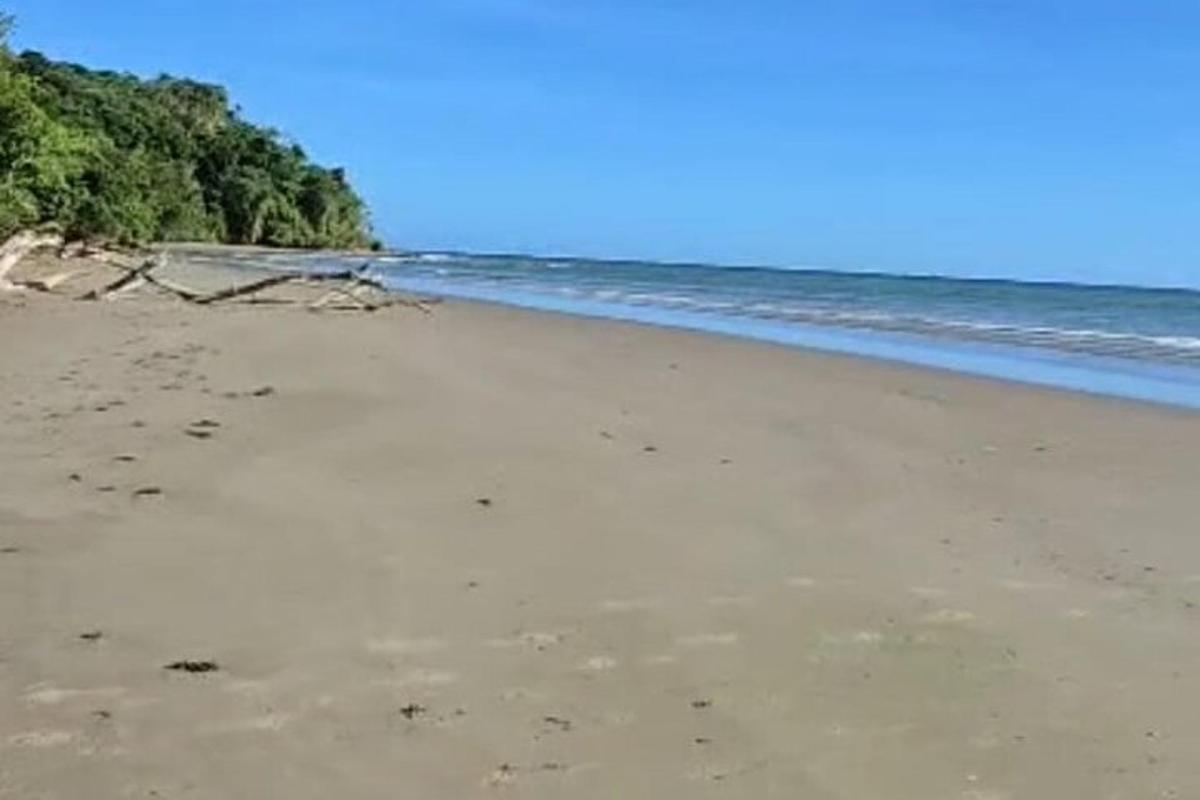 a beach with footprints in the sand and the ocean
