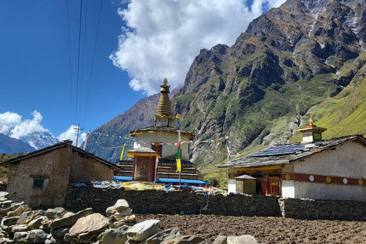 a pagoda in front of a mountain