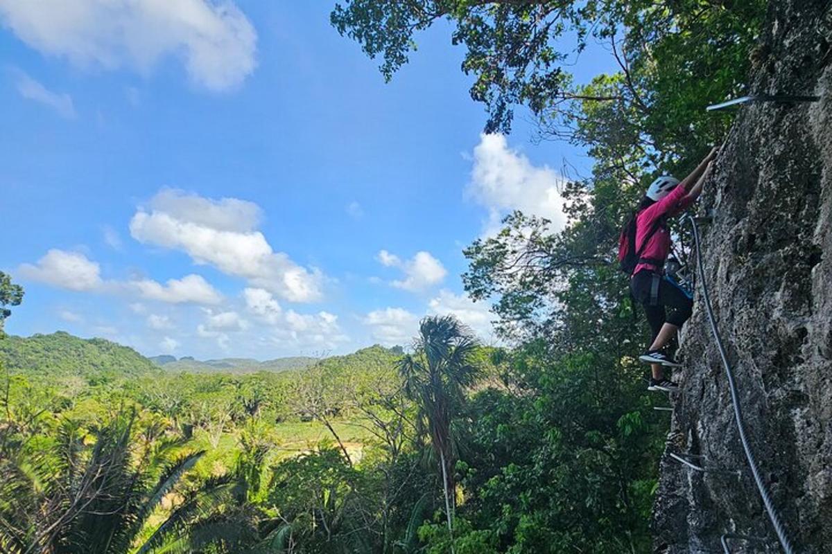 a man climbing a rock wall in the jungle