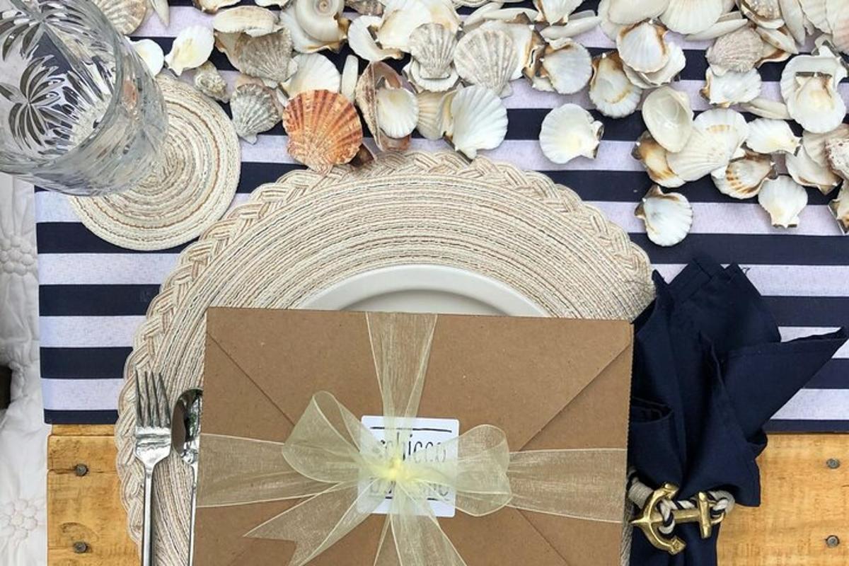 a table with a box and shells on it