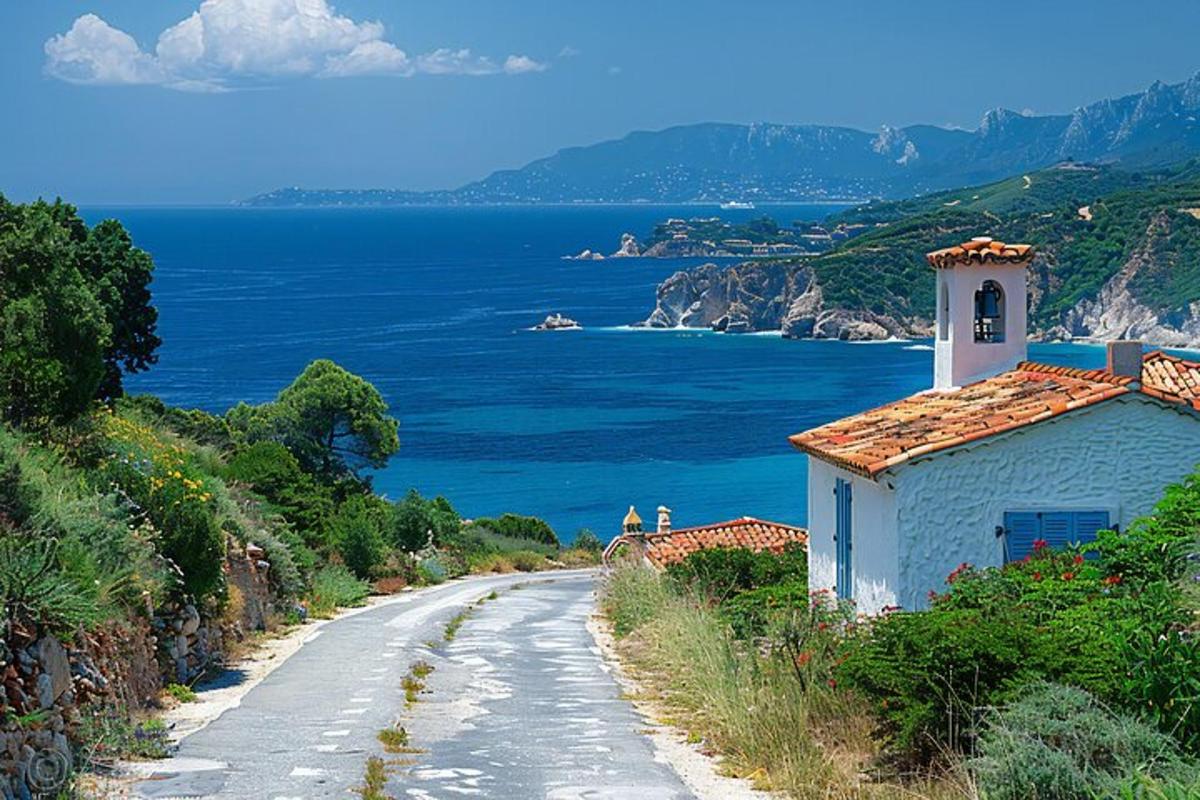 prašná cesta s domem a oceánem