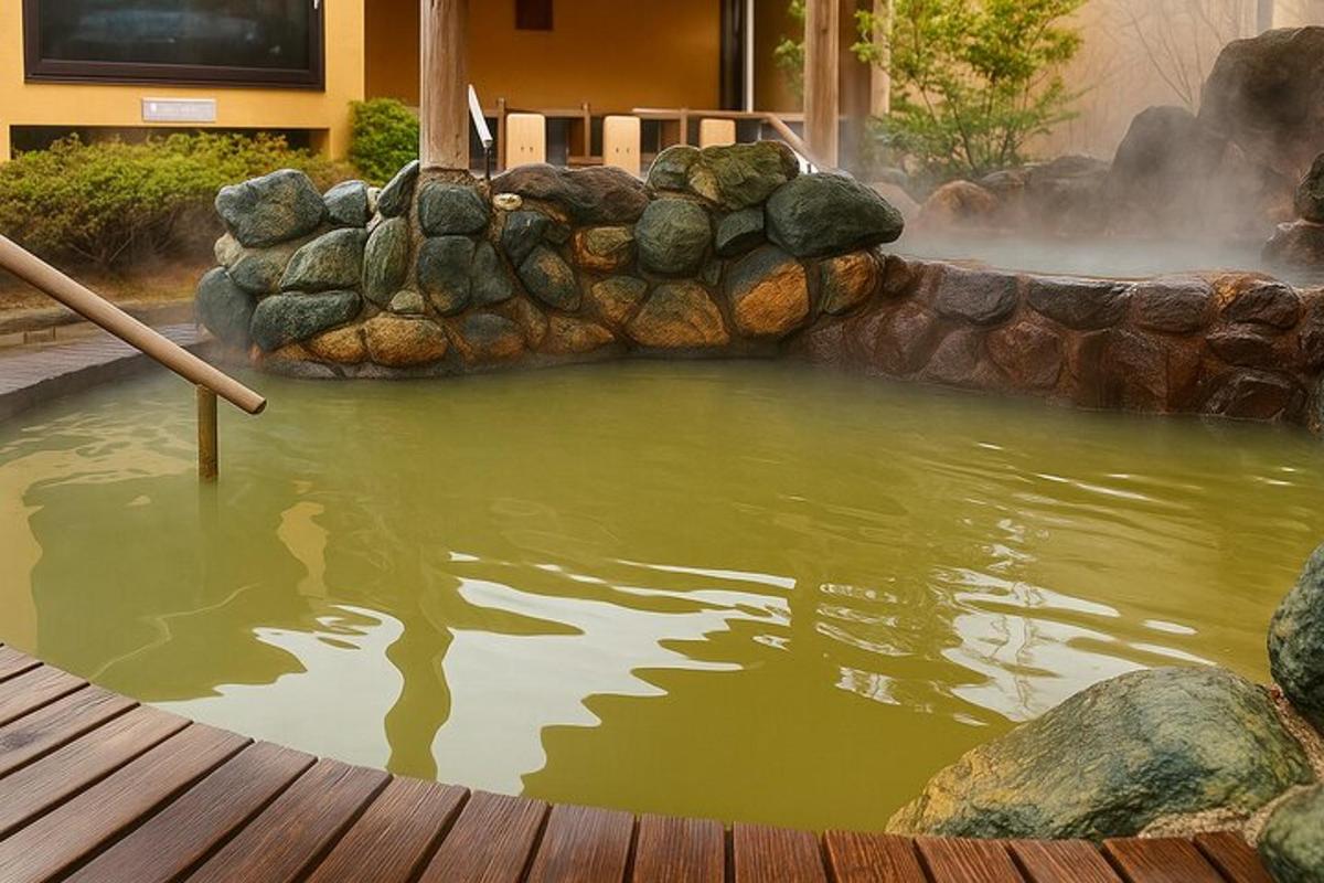 a pool of water with rocks in front of a building