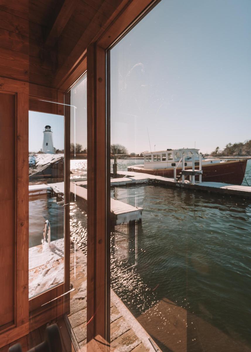 a view of a marina from the window of a boat