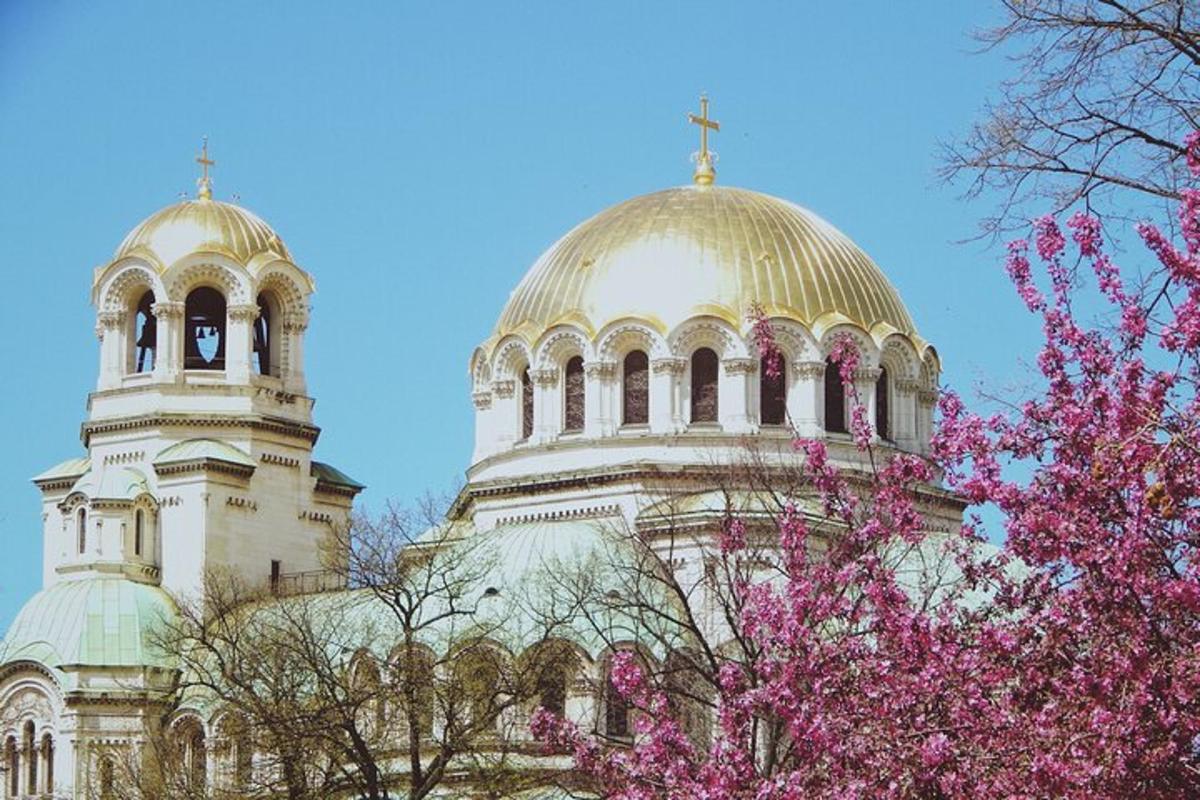a building with a gold domes and a tree with pink flowers