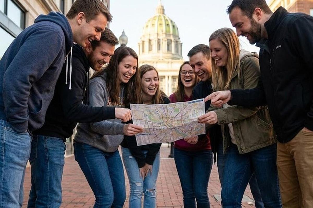 a group of people looking at a map