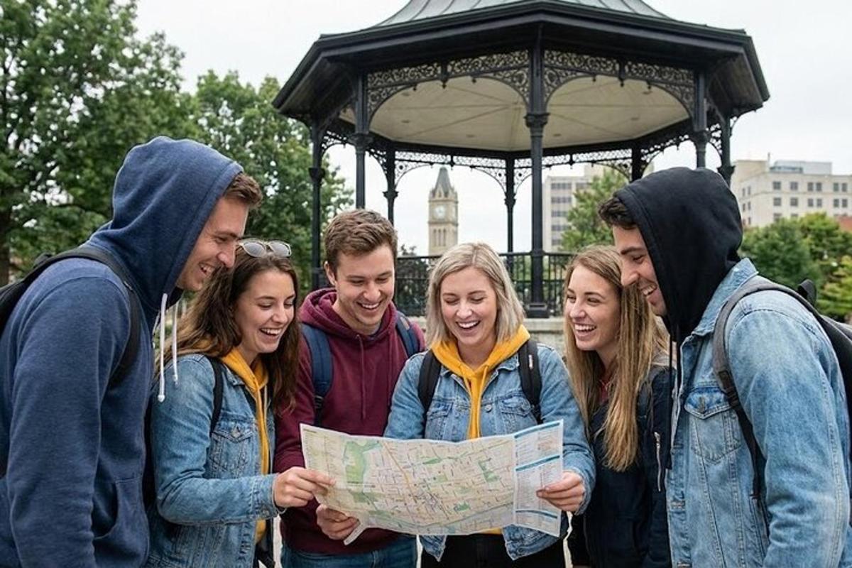 a group of people looking at a map