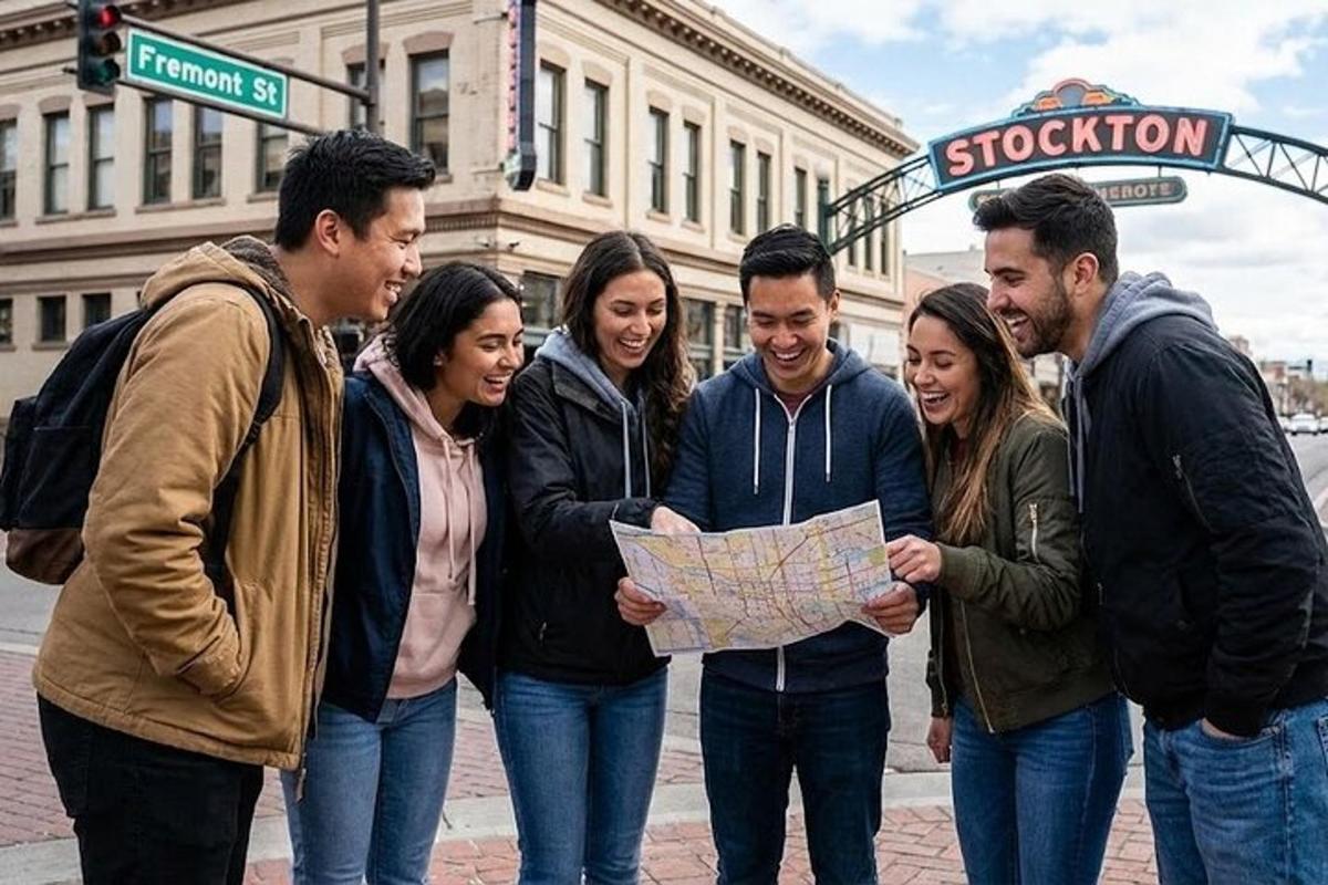 a group of people standing together looking at a map