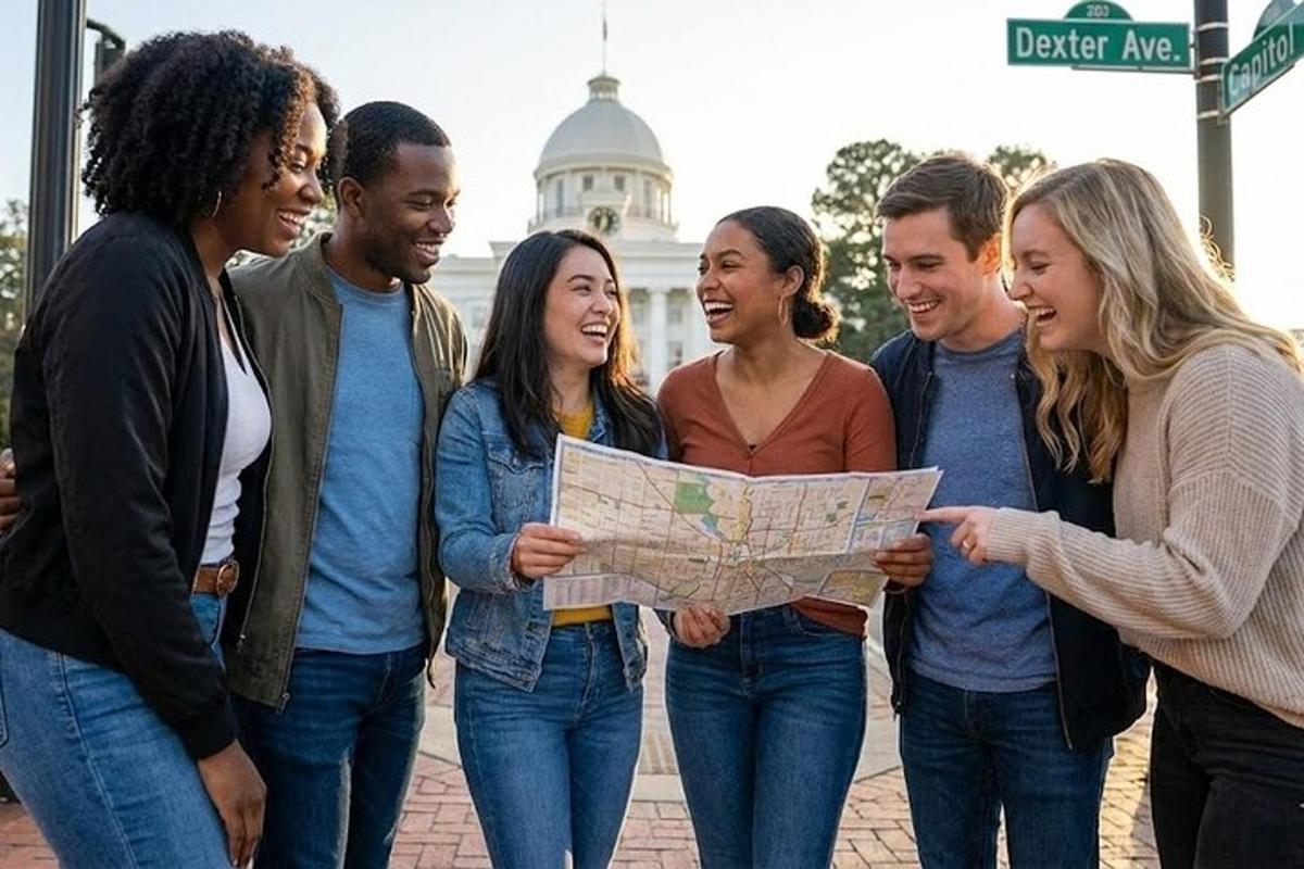 a group of people looking at a map
