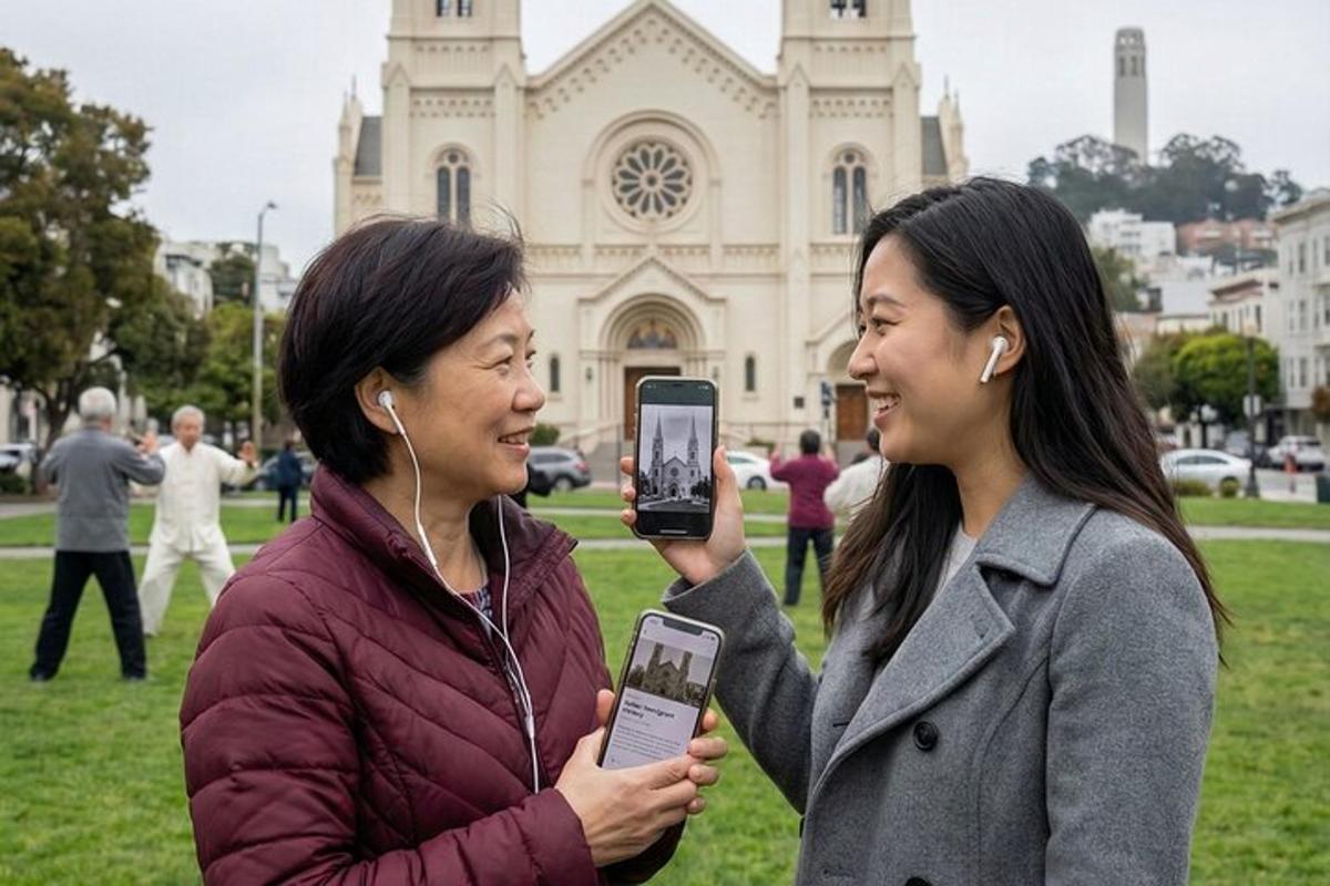 two women holding up their cell phones in front of a church