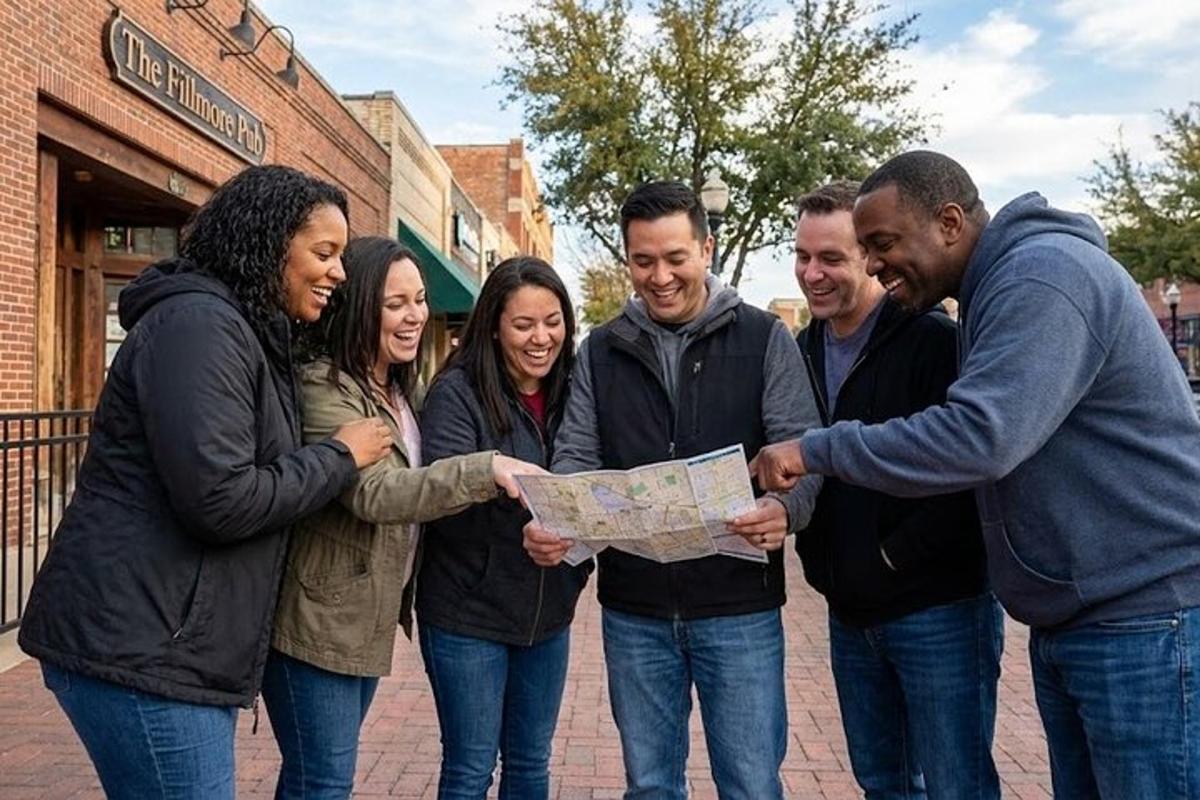 a group of people standing together looking at a map