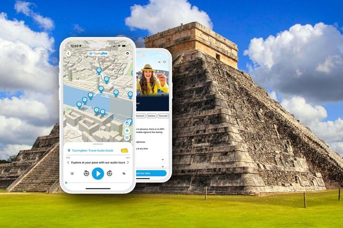two cell phones in front of a pyramid