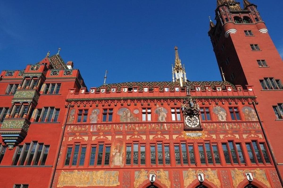 a large red building with a clock on it