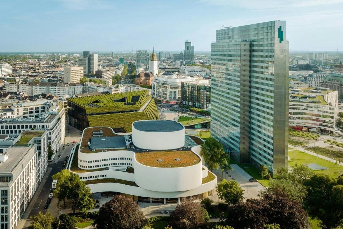an aerial view of a city with buildings
