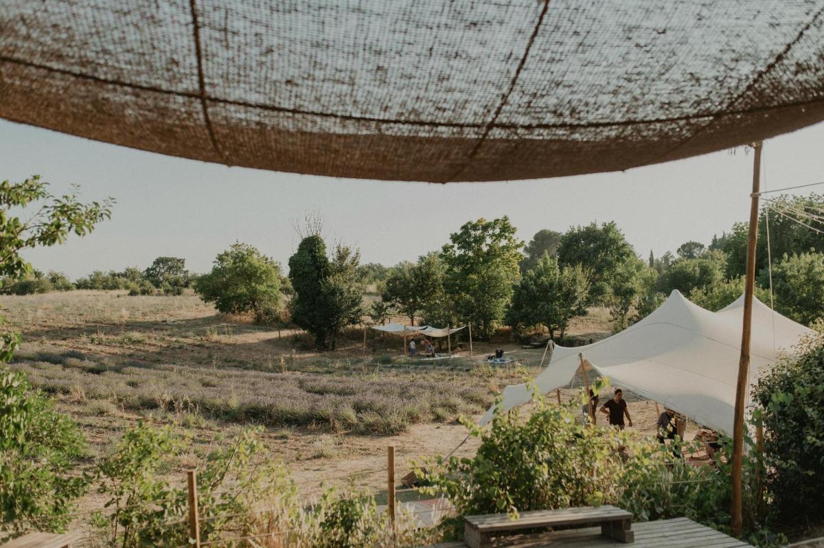 a group of people under a tent in a field