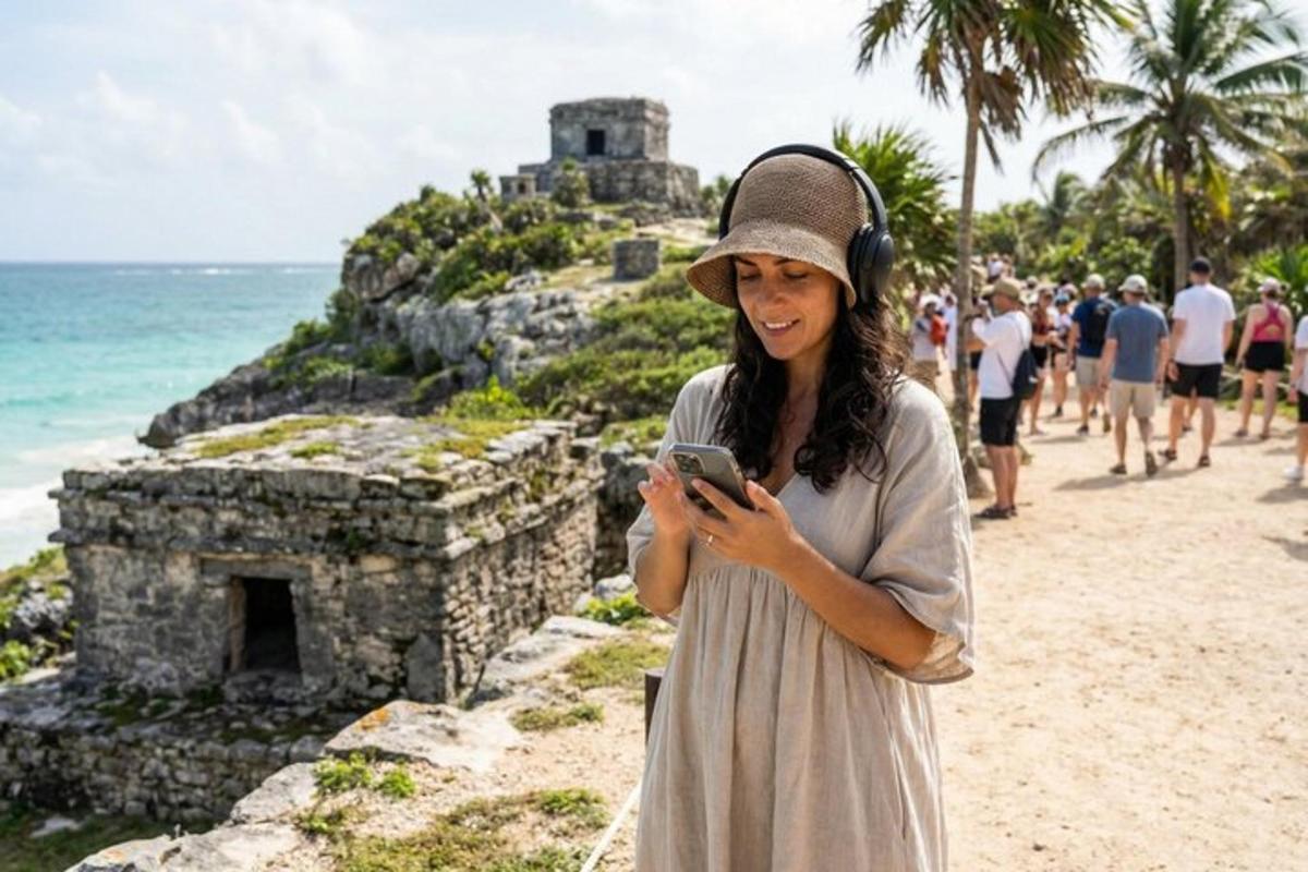 a woman standing on a beach looking at her cell phone
