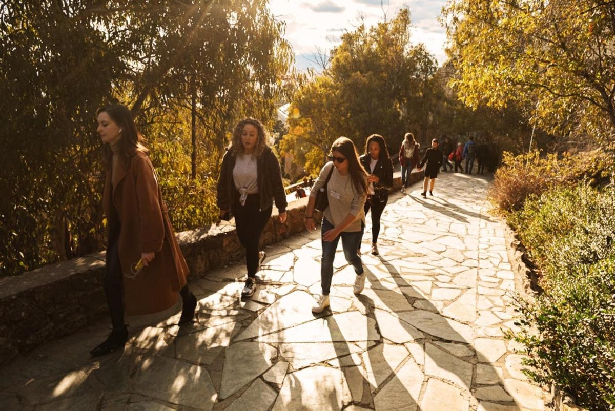 a group of people walking down a stone path