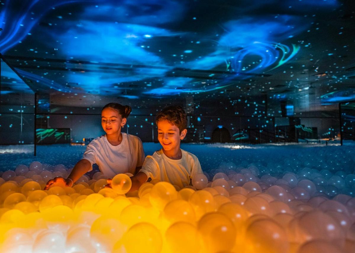 two young boys sitting in an inflatable ball pit