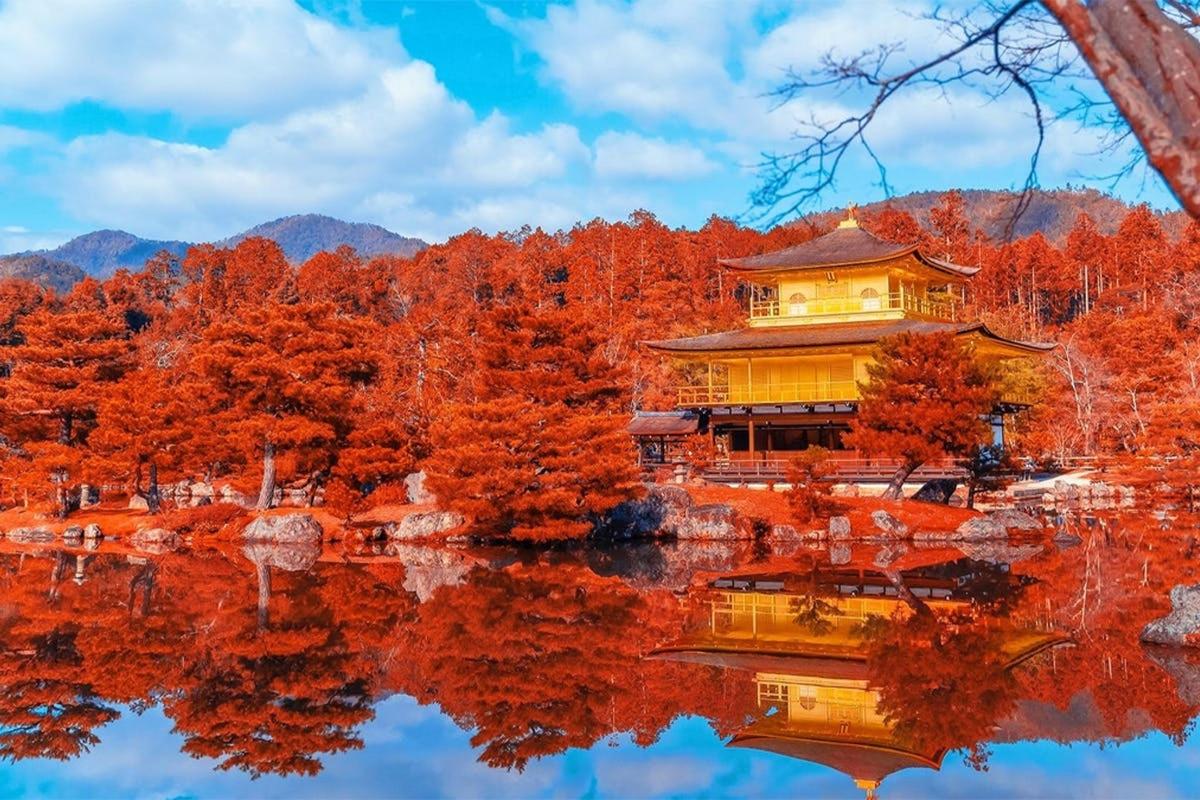 a chinese building reflected in the water of a lake