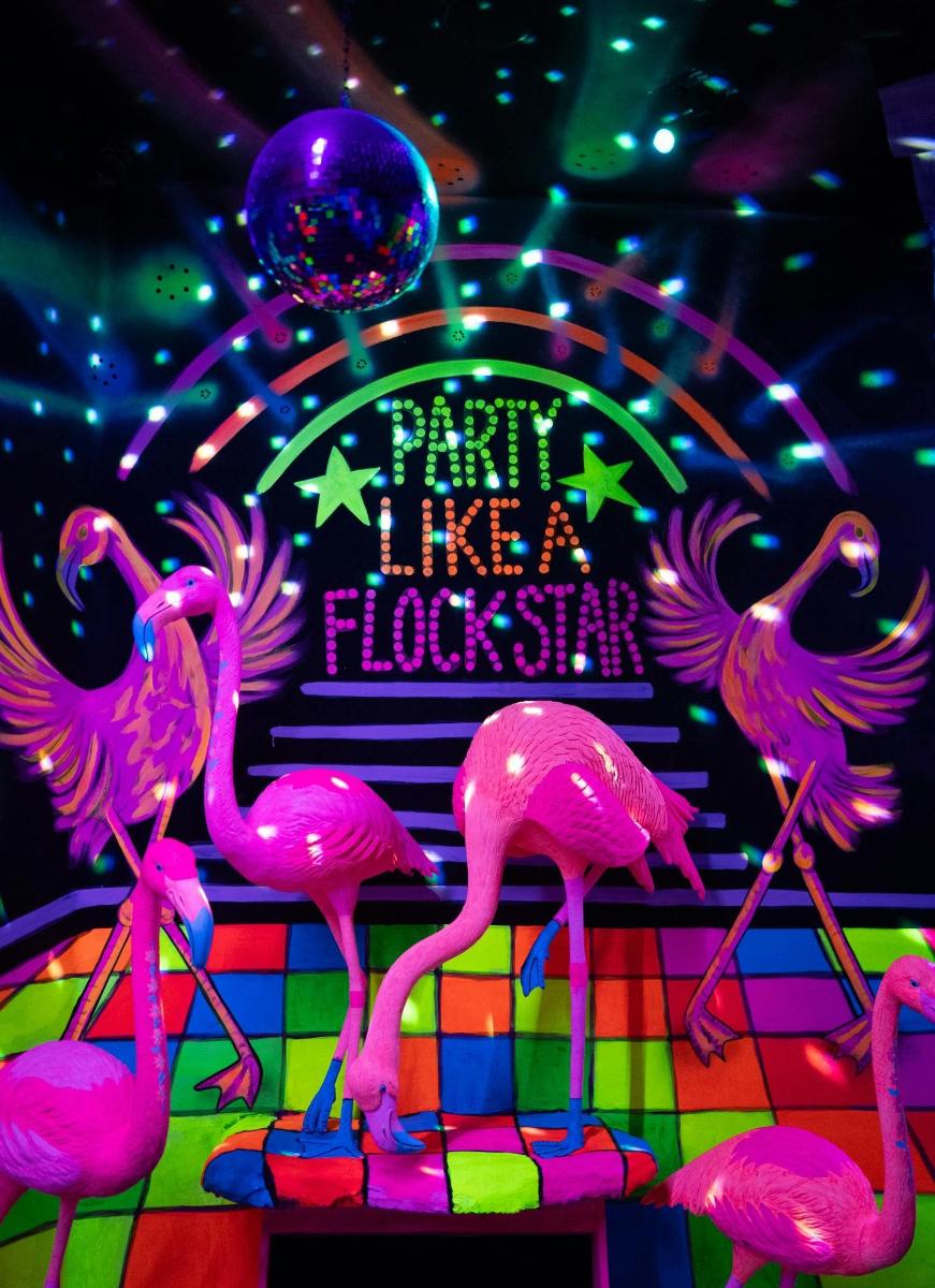 a group of flamingos standing in front of a neon sign