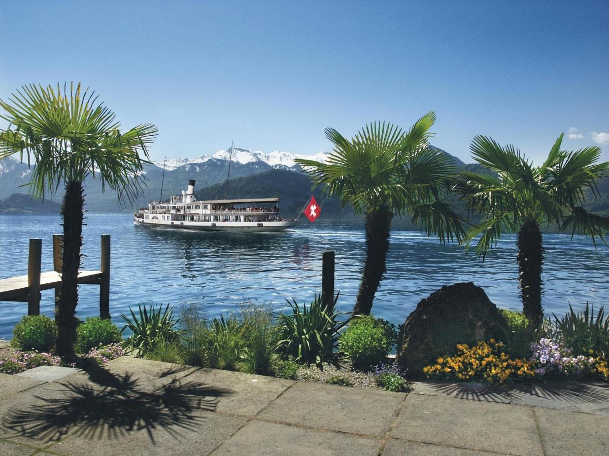 a boat on the water with palm trees and mountains