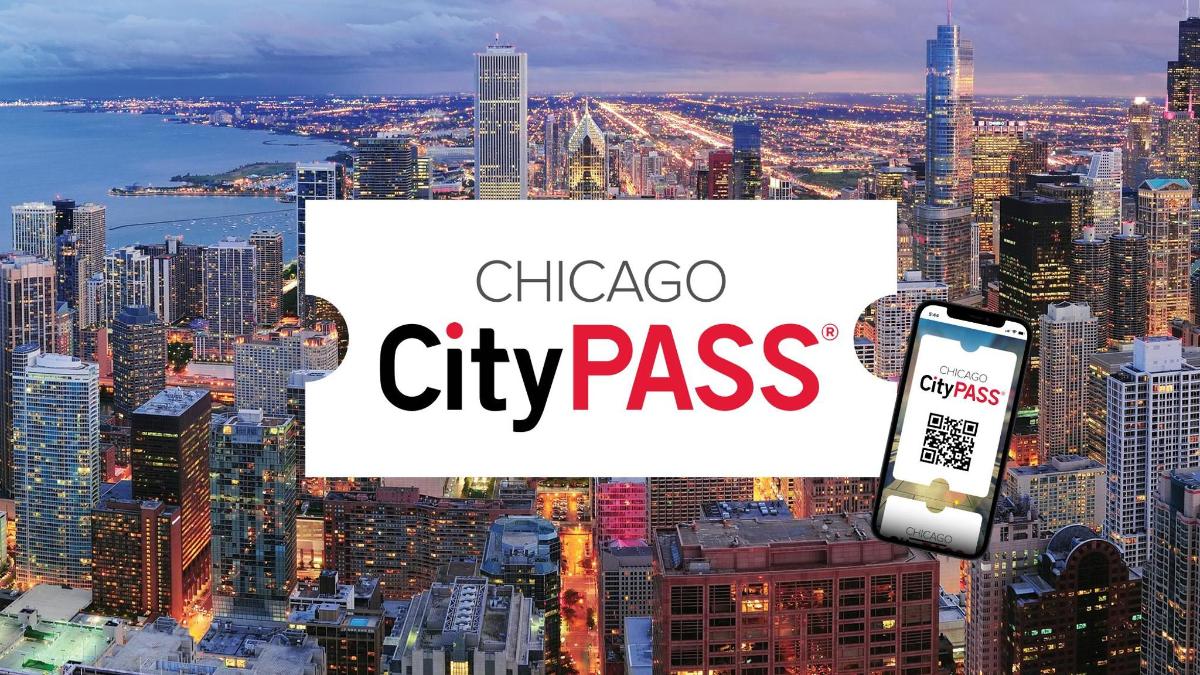 a cityscape with a cell phone and a sign that reads chicago city pass