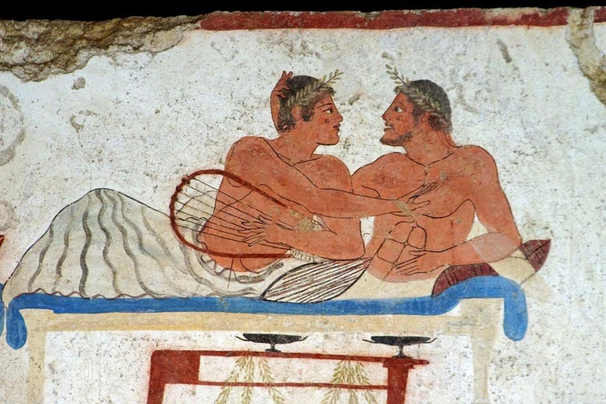 a painting of two men sitting on a bed